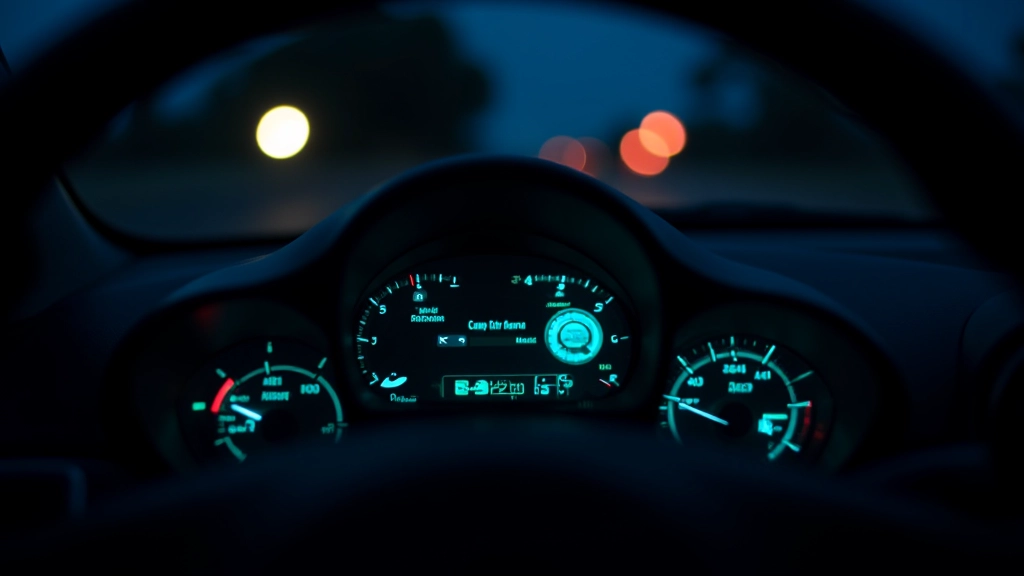Close-up of vehicle dashboard instruments illuminated at night