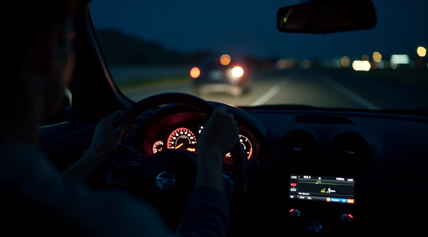 Close-up of car dashboard with illuminated speedometer and steering wheel at night