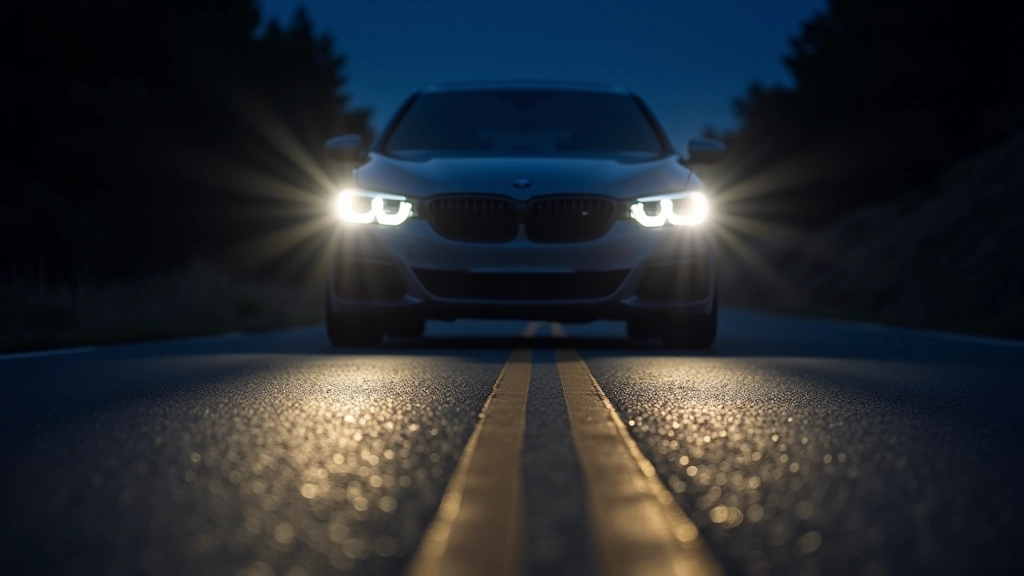 Modern LED and halogen headlights comparison on vehicles at night with beam patterns visible