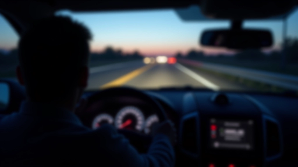 Dashboard view of a vehicle during twilight driving conditions with headlights activated and road clearly visible