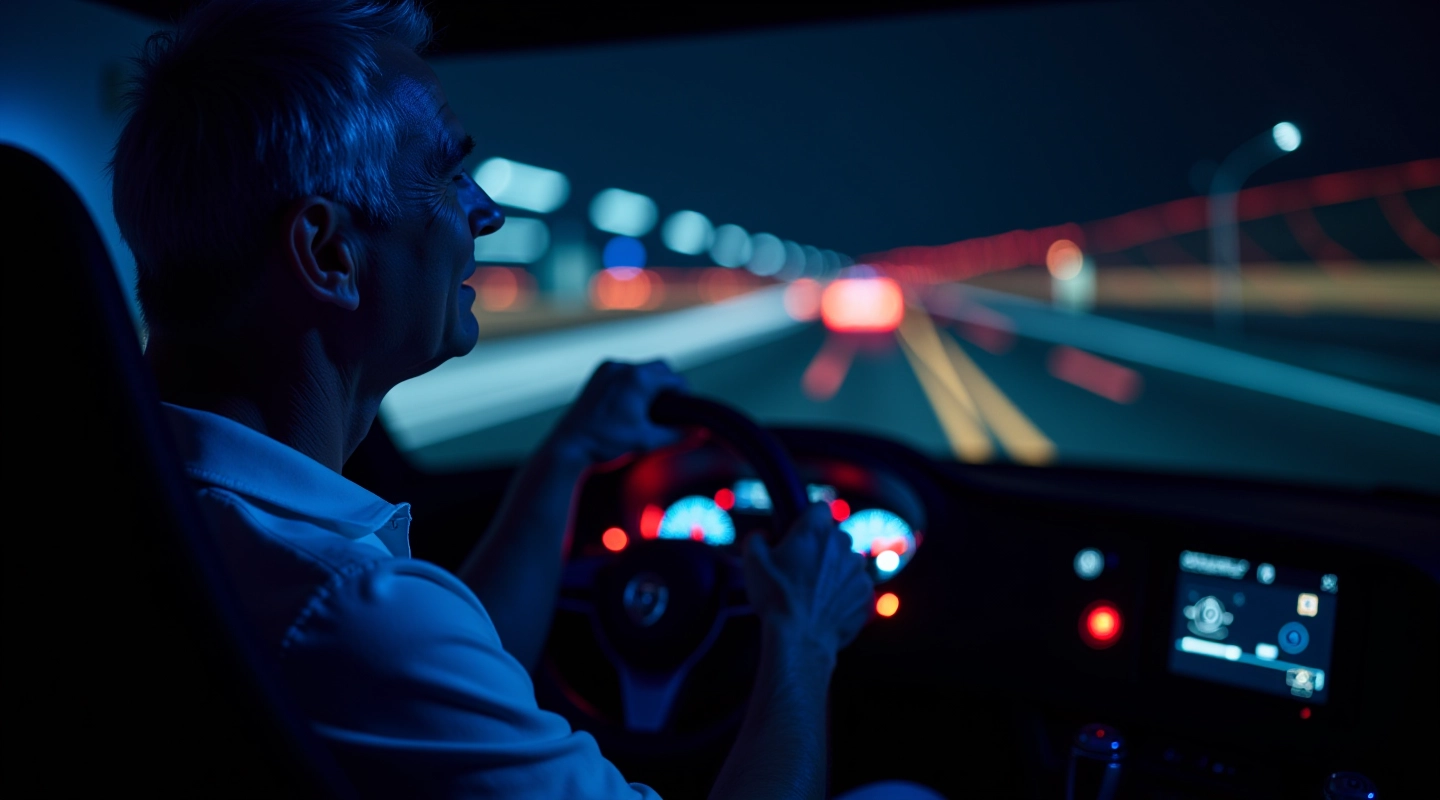 Professional driver in night driving simulator demonstrating advanced visibility techniques