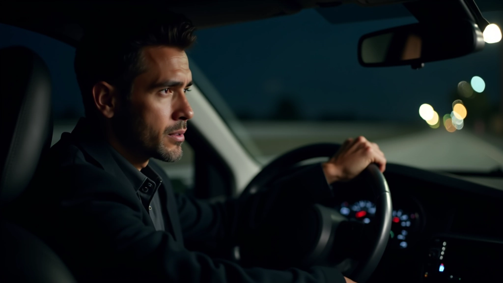 Driver adjusting headlight controls inside car at night with dashboard illuminated