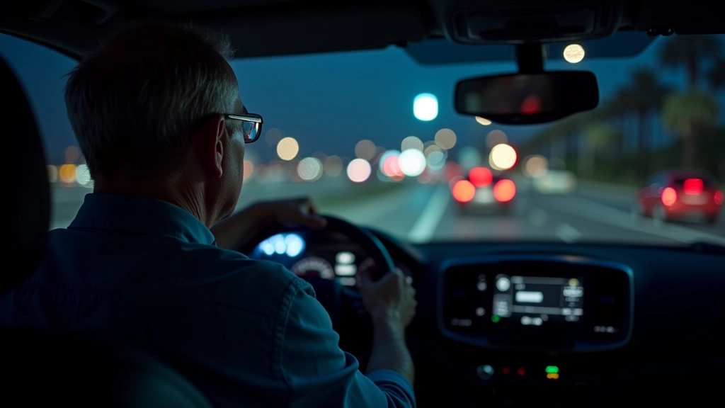 Professional driver at steering wheel at night, hands on wheel, focused expression, highway ahead visible through windshield, interior car lighting