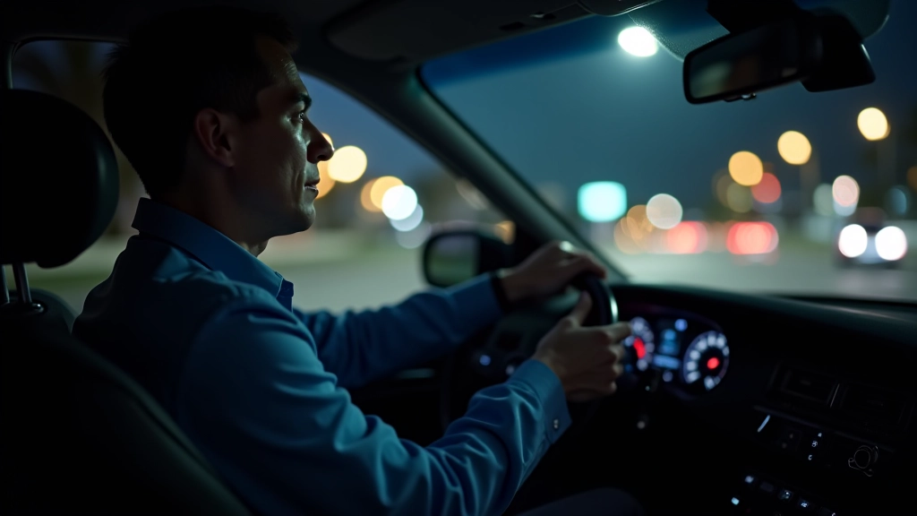 Steering wheel and driver's hands positioned correctly during a night driving maneuver with focused concentration