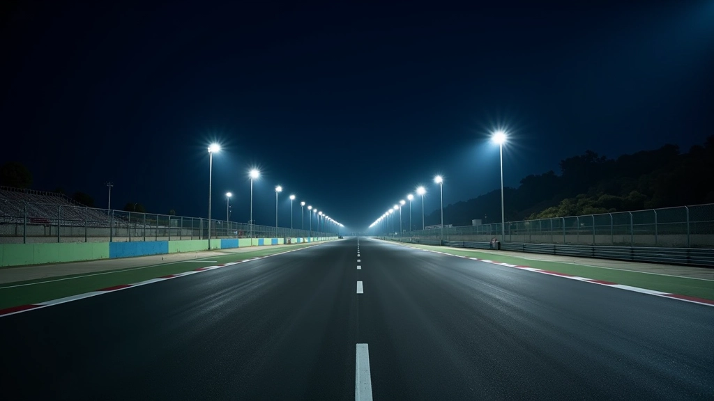 Empty racing track at night with proper lighting and lane markings visible
