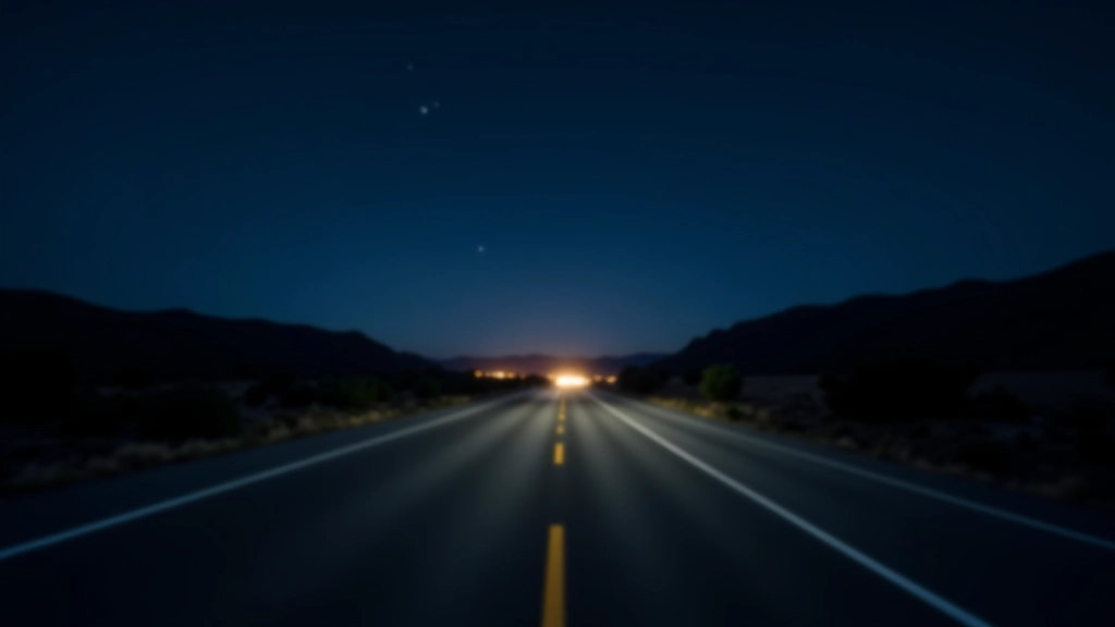 Nighttime road with distant oncoming headlights visible on horizon of straight highway