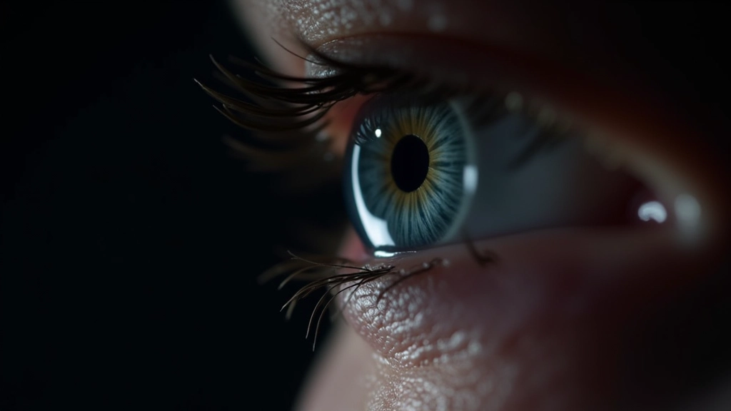 Close-up macro photograph of human eye showing dilated pupil in low light, blue iris, detailed focus on pupil opening