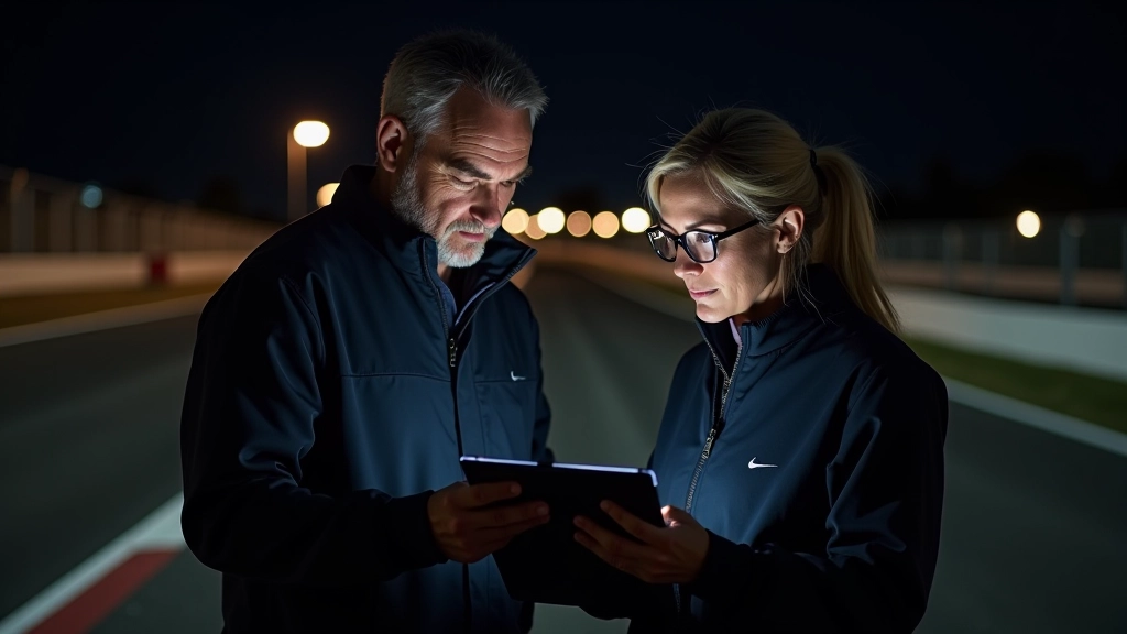 Coach and driver reviewing session data on tablet at night track facility