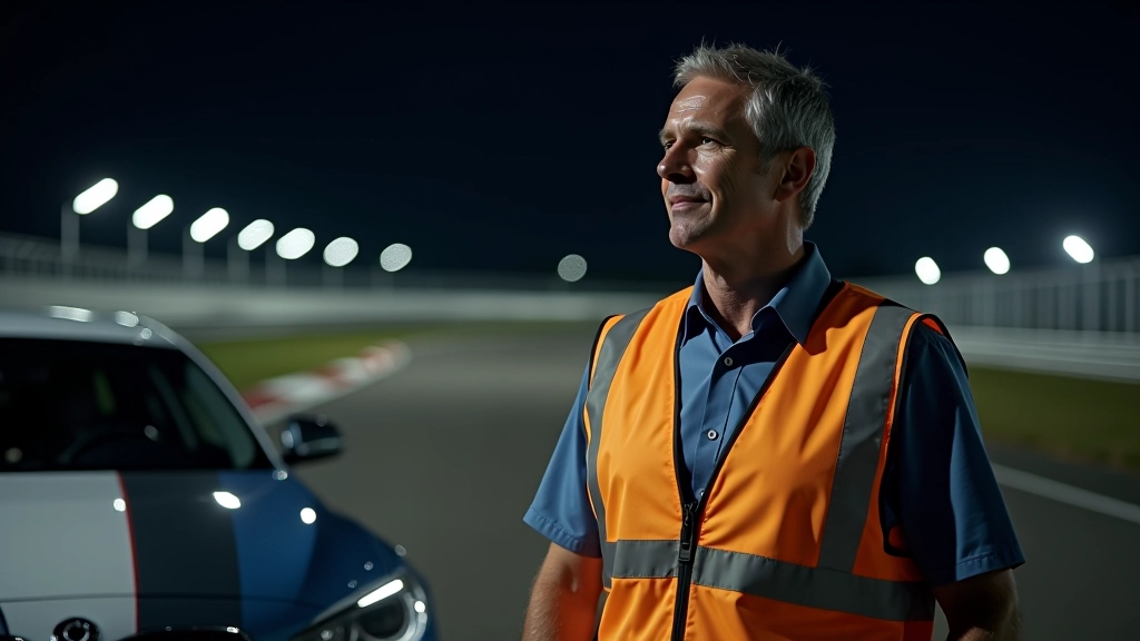 Professional night driving instructor standing beside vehicle on illuminated track, pointing at headlight beam pattern