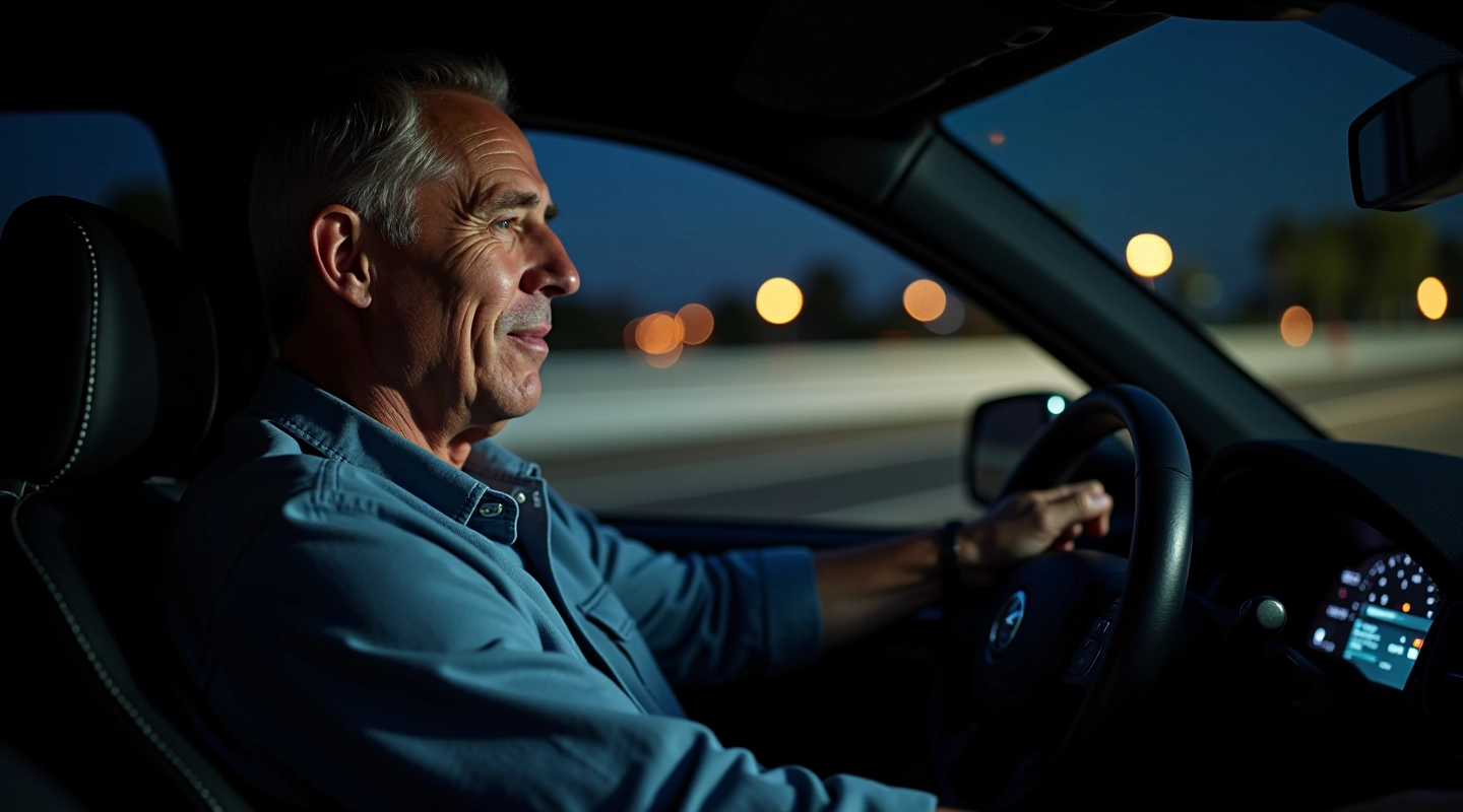 Adult driver in vehicle at night