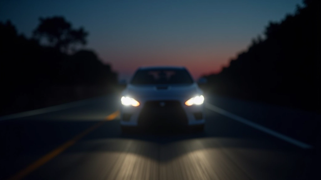 Modern car headlights illuminating a dark mountain road at dusk