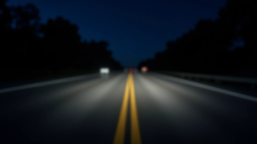 Nighttime road with clear lane markings and headlight visibility demonstrating proper driving conditions for reaction time training