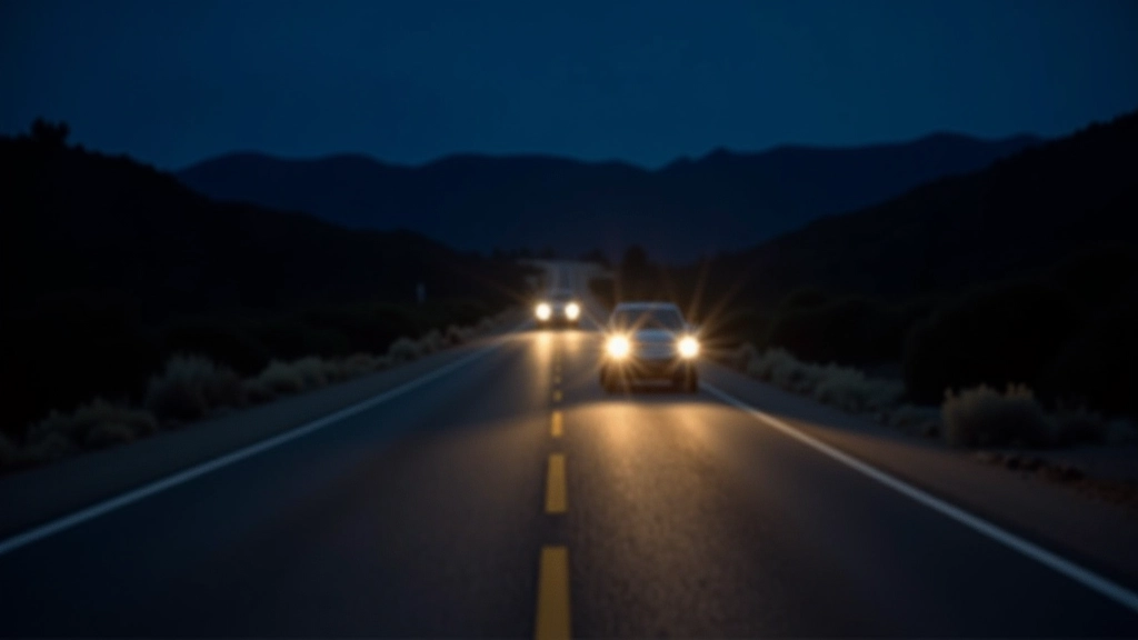 Two cars on rural mountain road at night with one using high beams appropriately on empty stretch