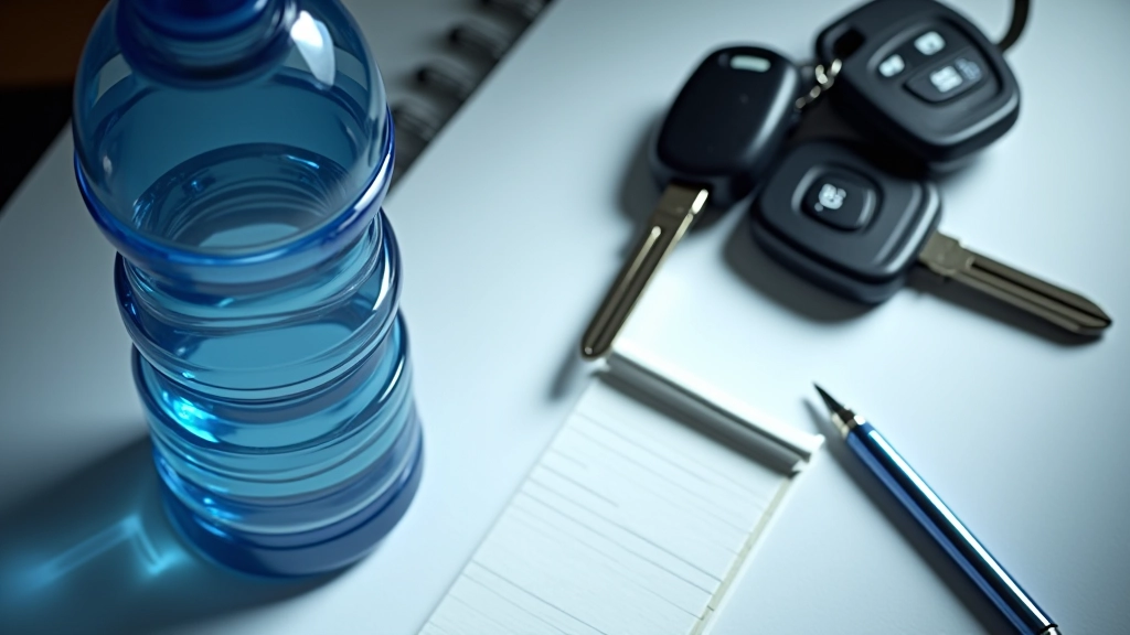 Overhead view of car keys, driver's license, water bottle, and notepad on wooden table