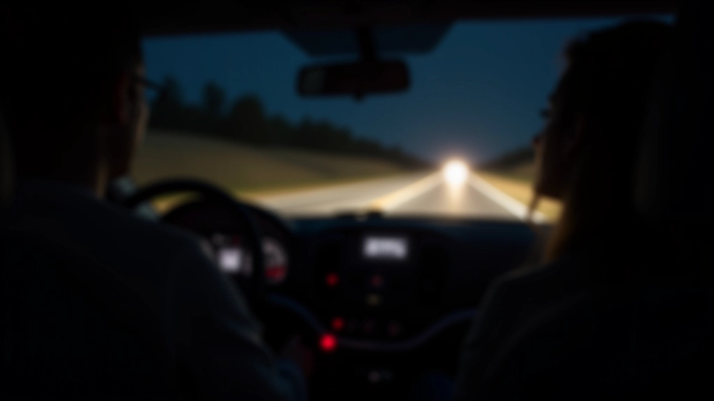 Interior car view at night showing driver's perspective through windshield at oncoming headlights on highway