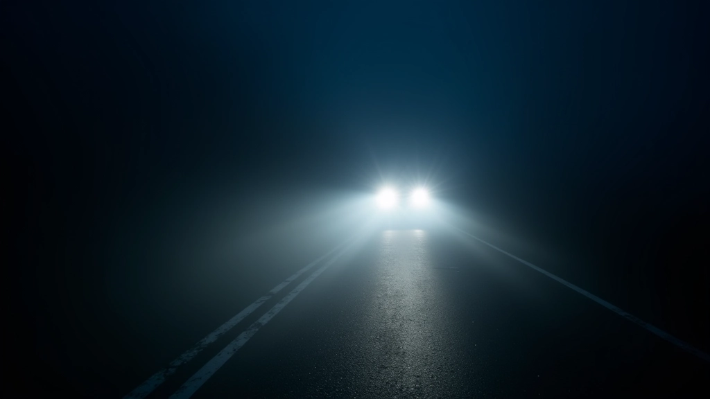 Close-up of car headlight beam cutting through fog and darkness on a country road